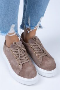 Manijero Dalila Kadın Hakiki Deri Bağcıklı Vizon Süet Sneakers